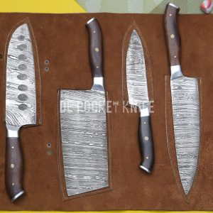 The 4 Piece Handmade Chef Set is a high-quality knife set that is perfect for both professional chefs and home cooks. Each knife in the set is made from Damascus steel,