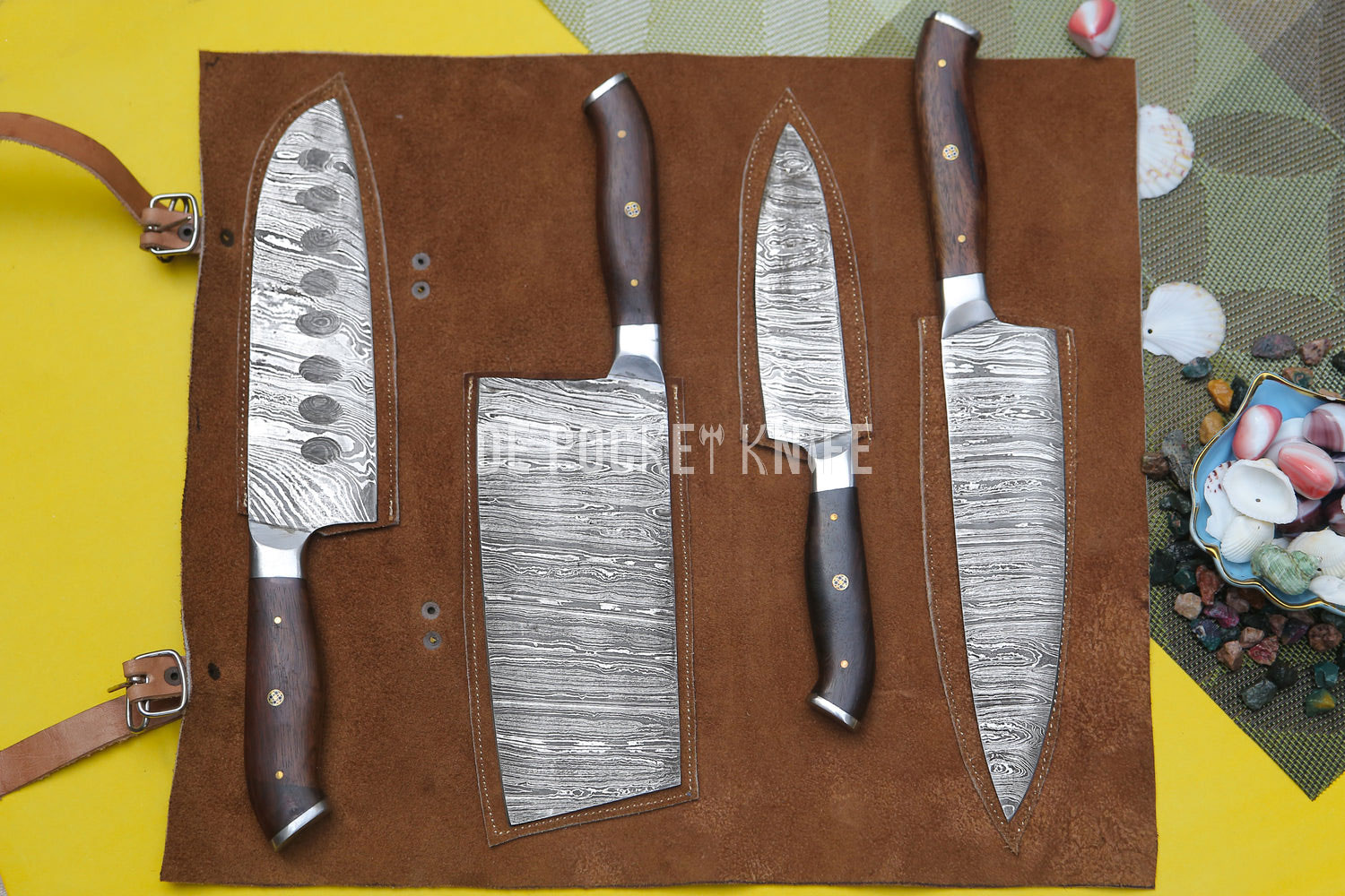 The 4 Piece Handmade Chef Set is a high-quality knife set that is perfect for both professional chefs and home cooks. Each knife in the set is made from Damascus steel,