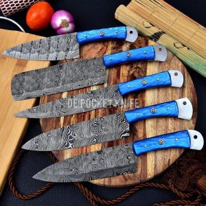 5 Piece Damascus Steel Knife Set with Leather Cover 